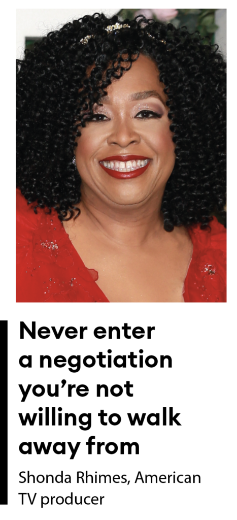 Quote from Shona Rhimes, American TV producer: Never enter a negotiation you're not willing to walk away from