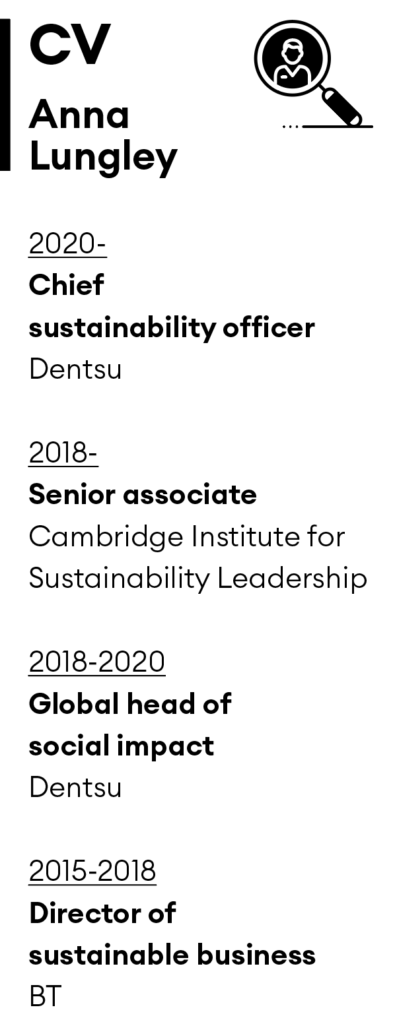 CV 
Anna 
Lungley 

2020-
Chief 
sustainability officer
Dentsu

2018-
Senior associate
Cambridge Institute for Sustainability Leadership

2018-2020
Global head of 
social impact
Dentsu

2015-2018
Director of 
sustainable business
BT
